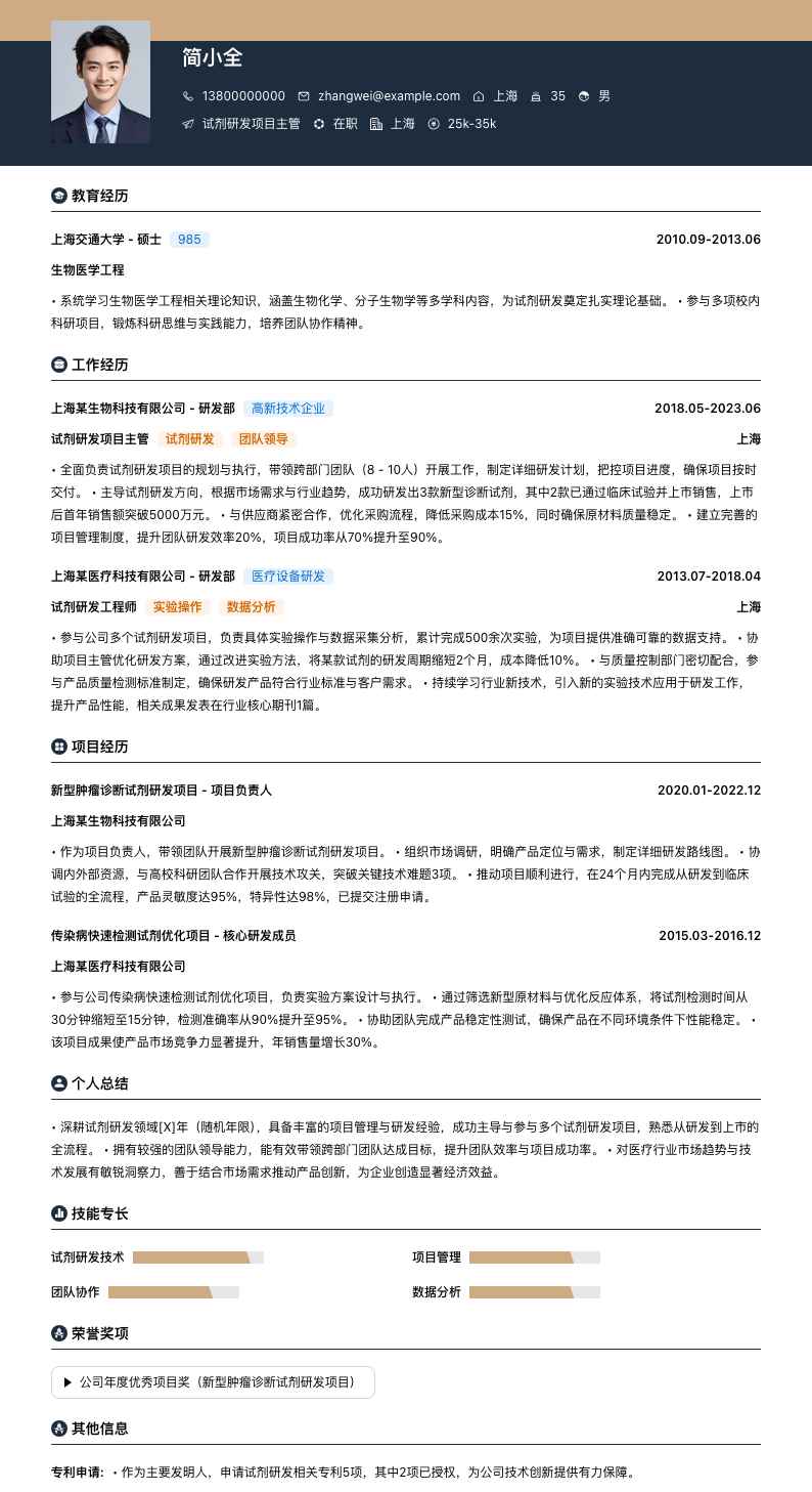 试剂研发项目主管简历模板