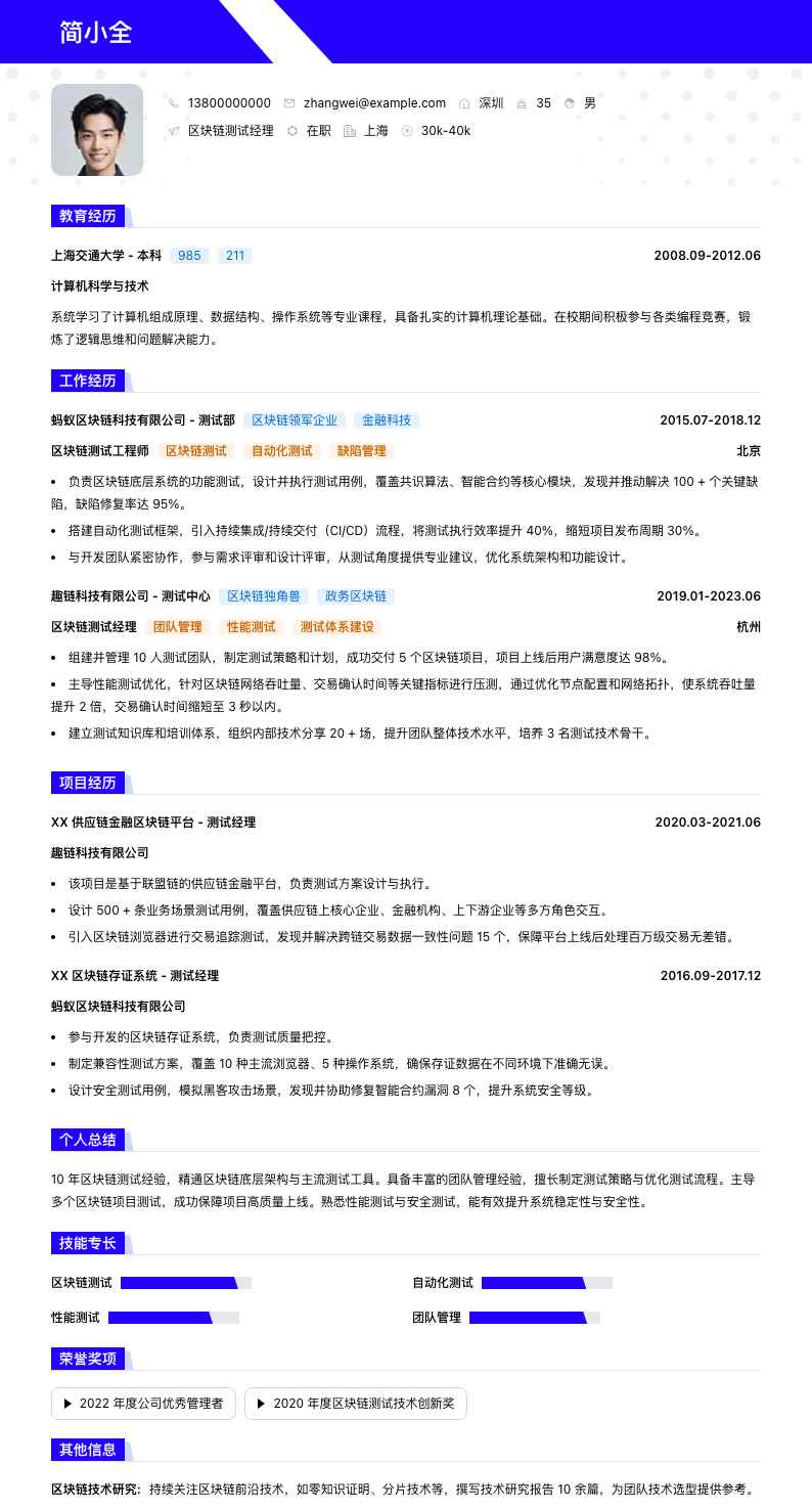 区块链测试经理简历模板
