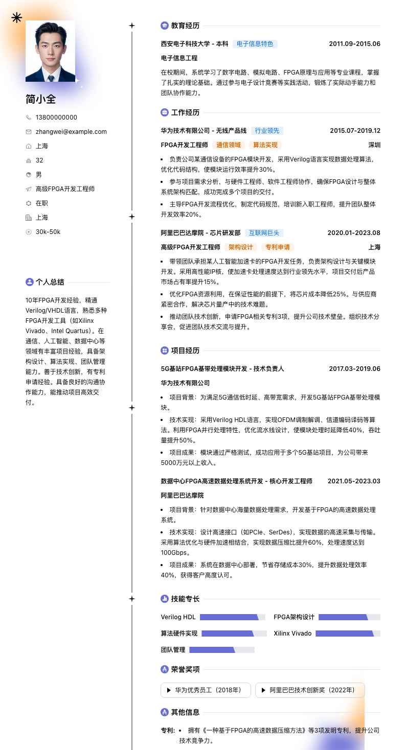 高级fpga开发工程师简历模板
