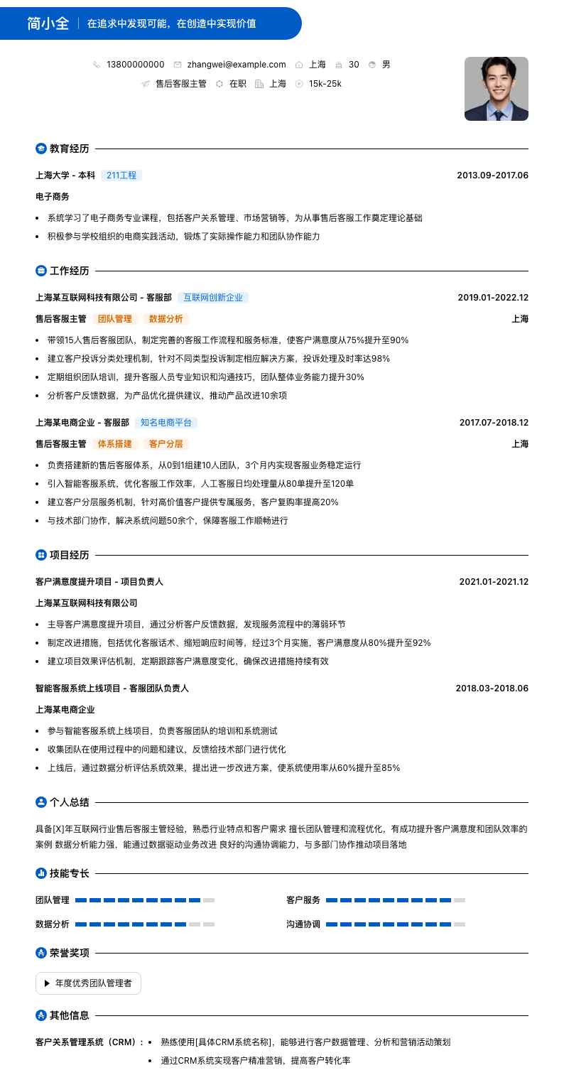 售后客服主管简历模板