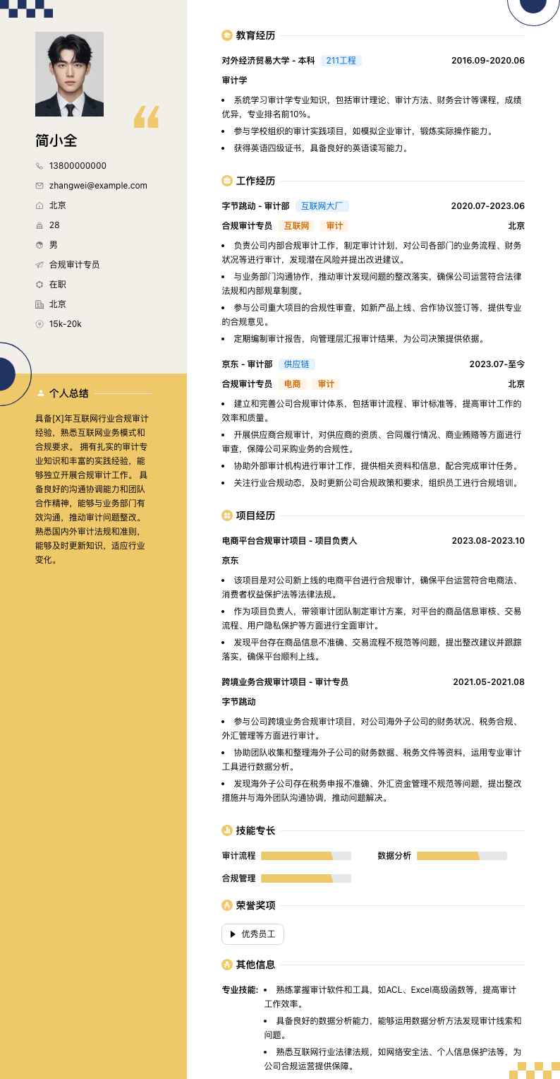 合规审计专员简历模板