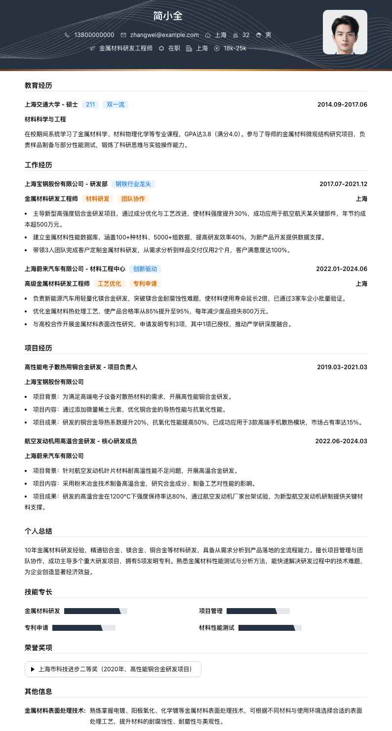 金属材料研发工程师简历模板