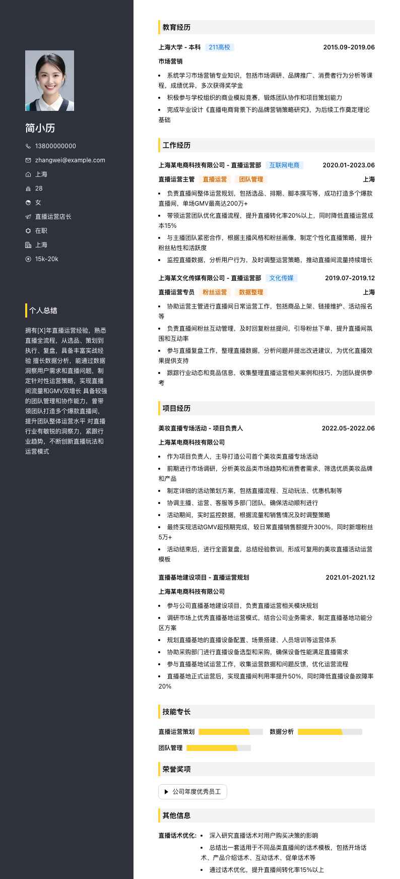 直播运营店长简历模板