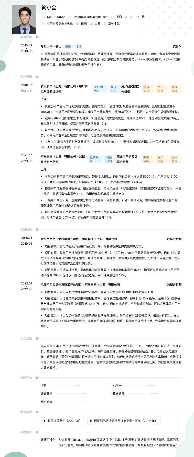 用户研究数据分析师简历模板