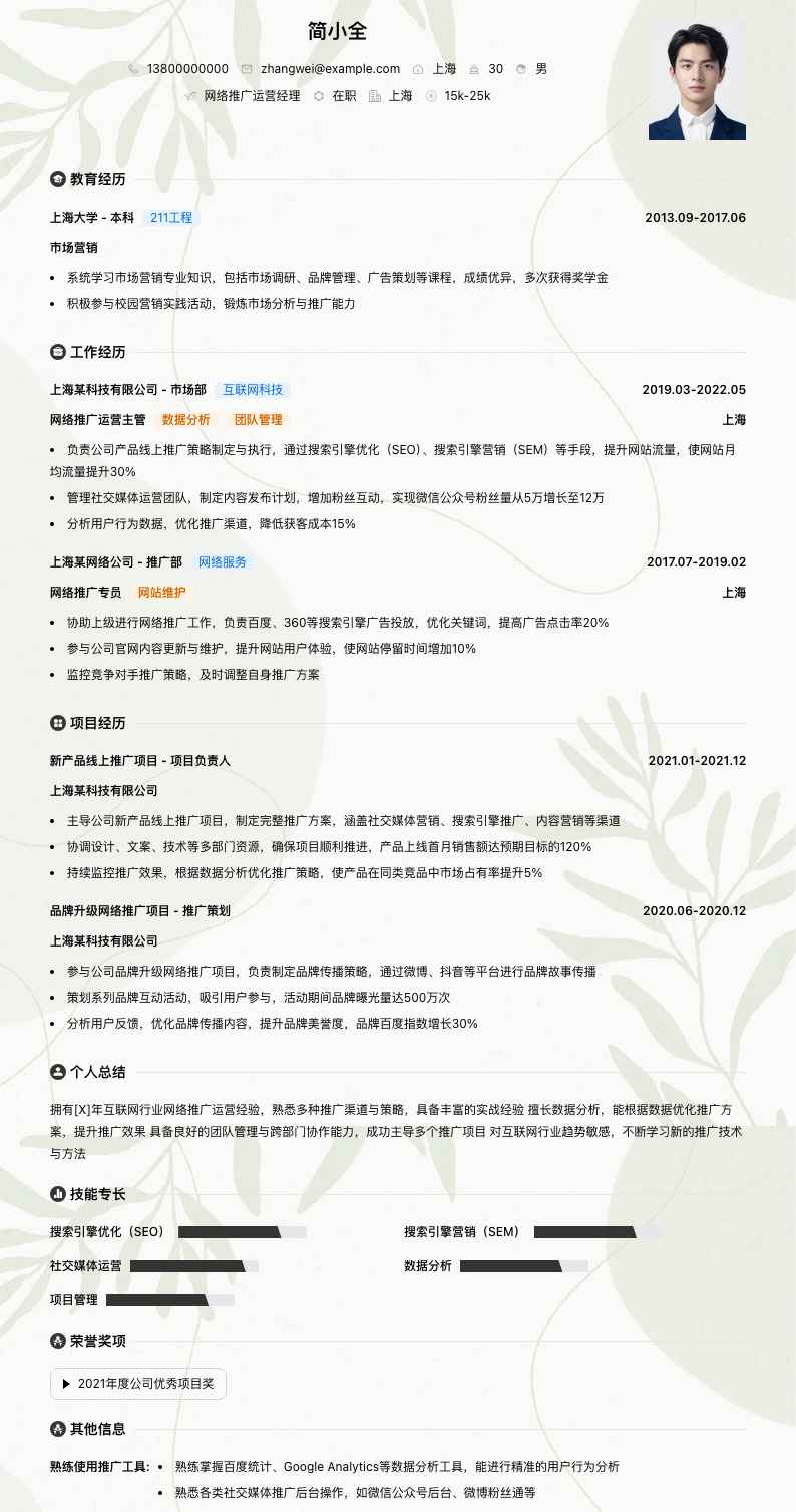 网络推广运营经理简历模板