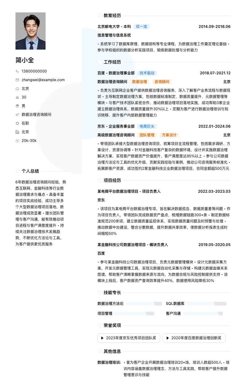 数据治理咨询顾问简历模板