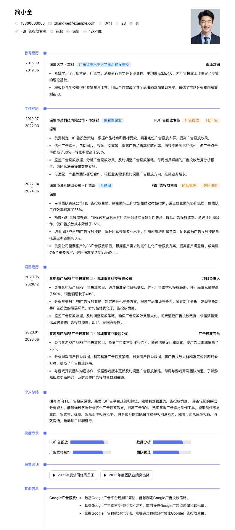 fb广告投放专员简历模板