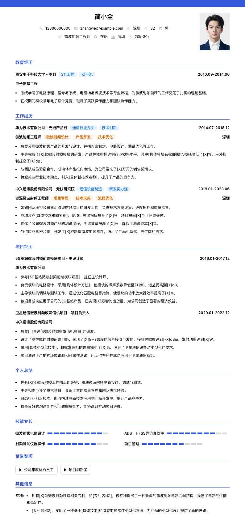 微波射频工程师简历模板