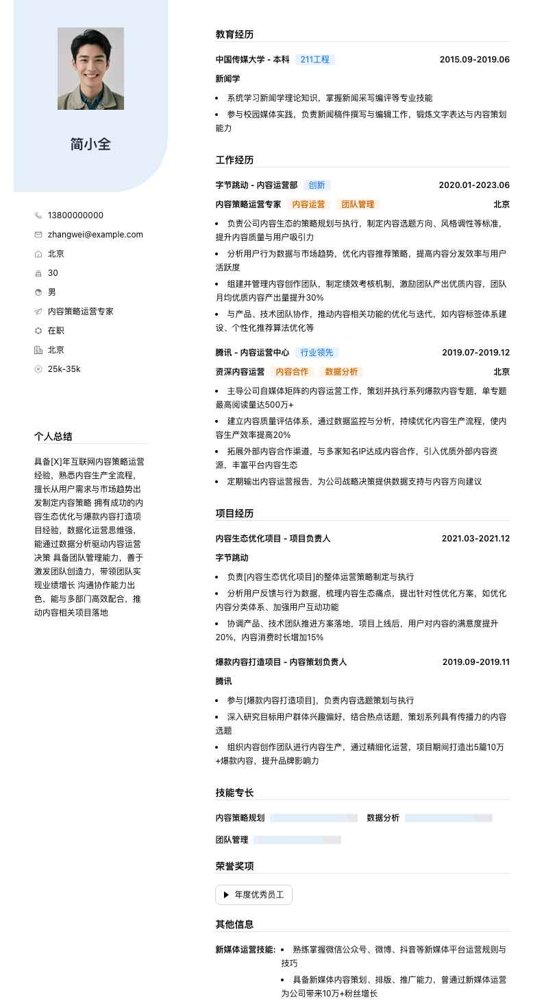 内容策略运营专家简历模板