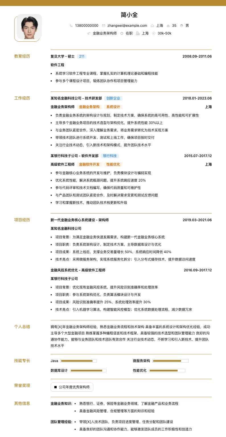 金融业务架构师简历模板