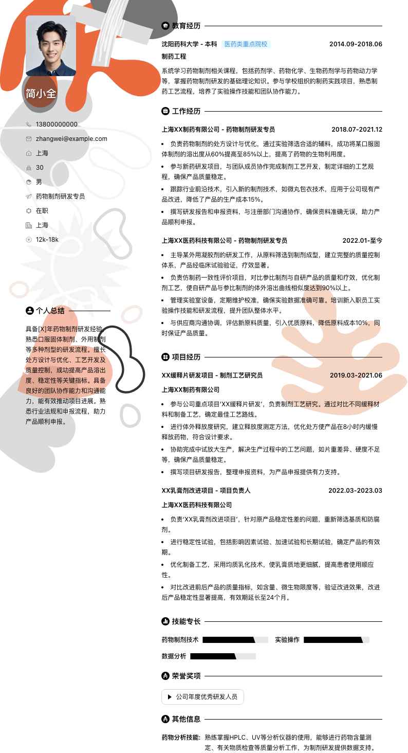 药物制剂研发专员简历模板