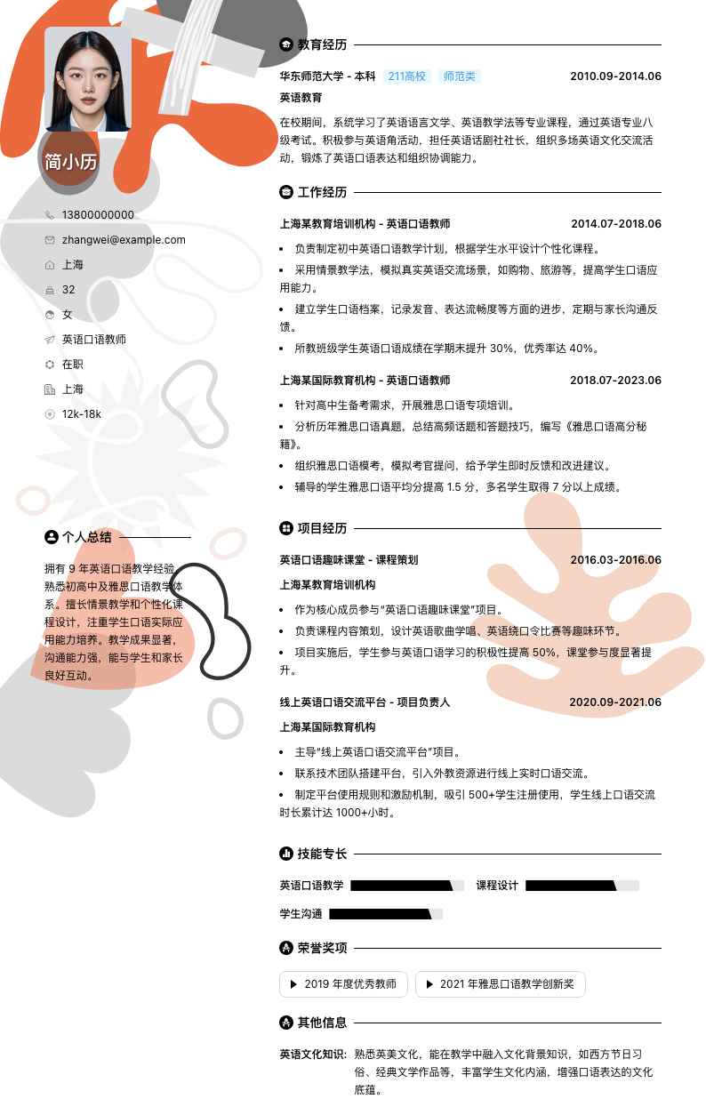 英语口语教师简历模板