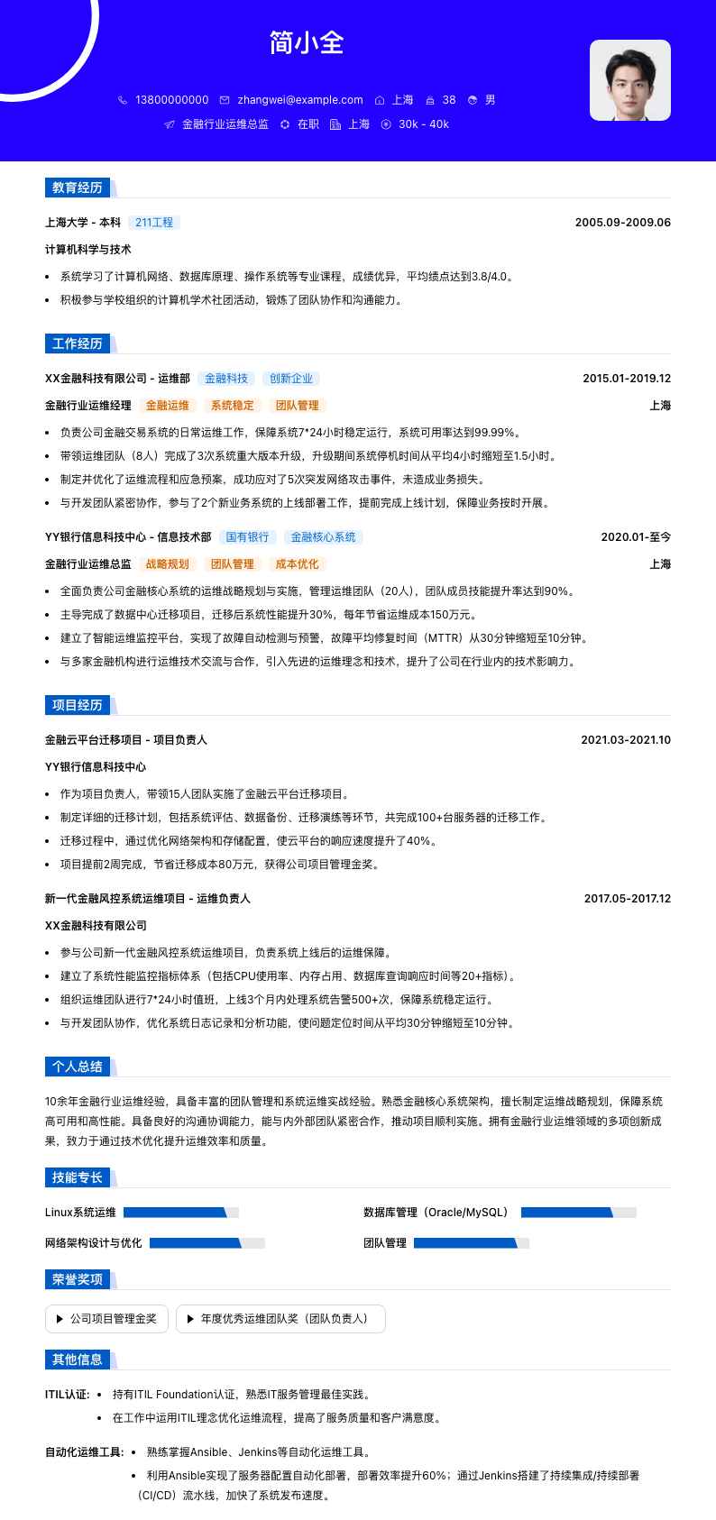 金融行业运维总监简历模板