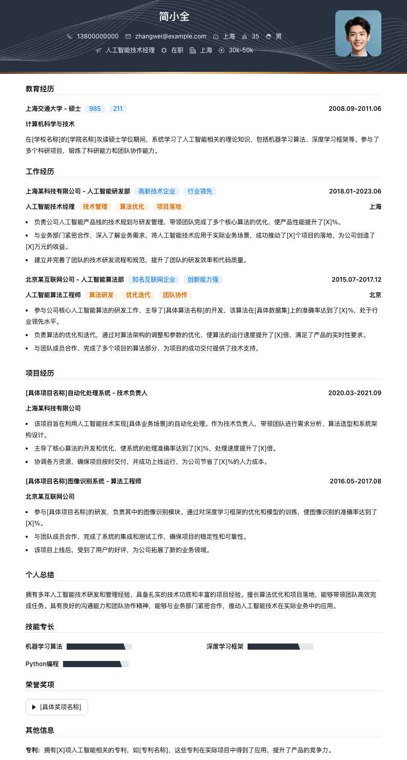 人工智能技术经理）简历模板