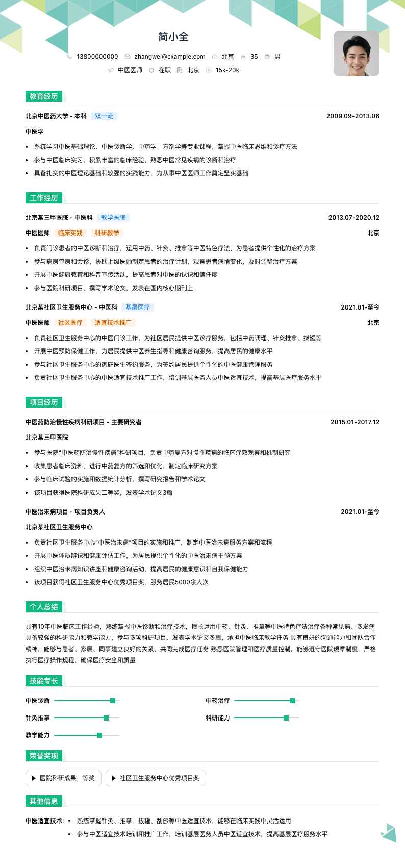 中医医师简历模板