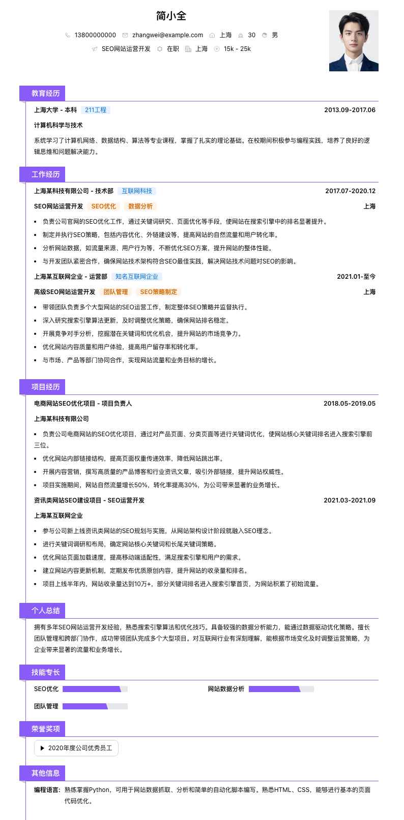 seo网站运营简历模板