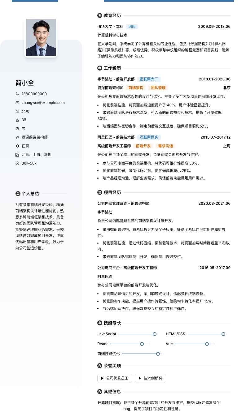 资深前端架构师简历模板