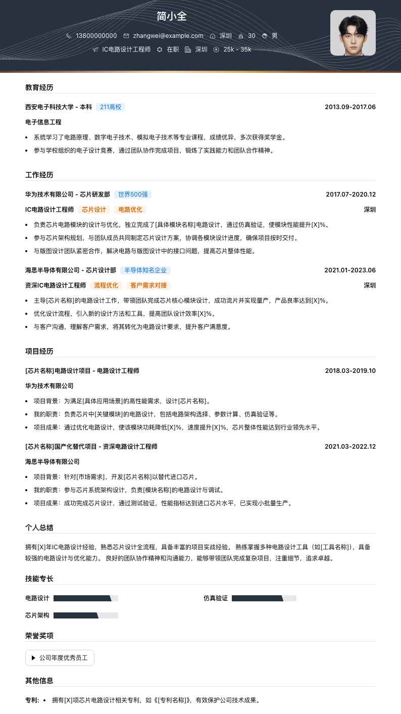 ic电路设计工程师简历模板