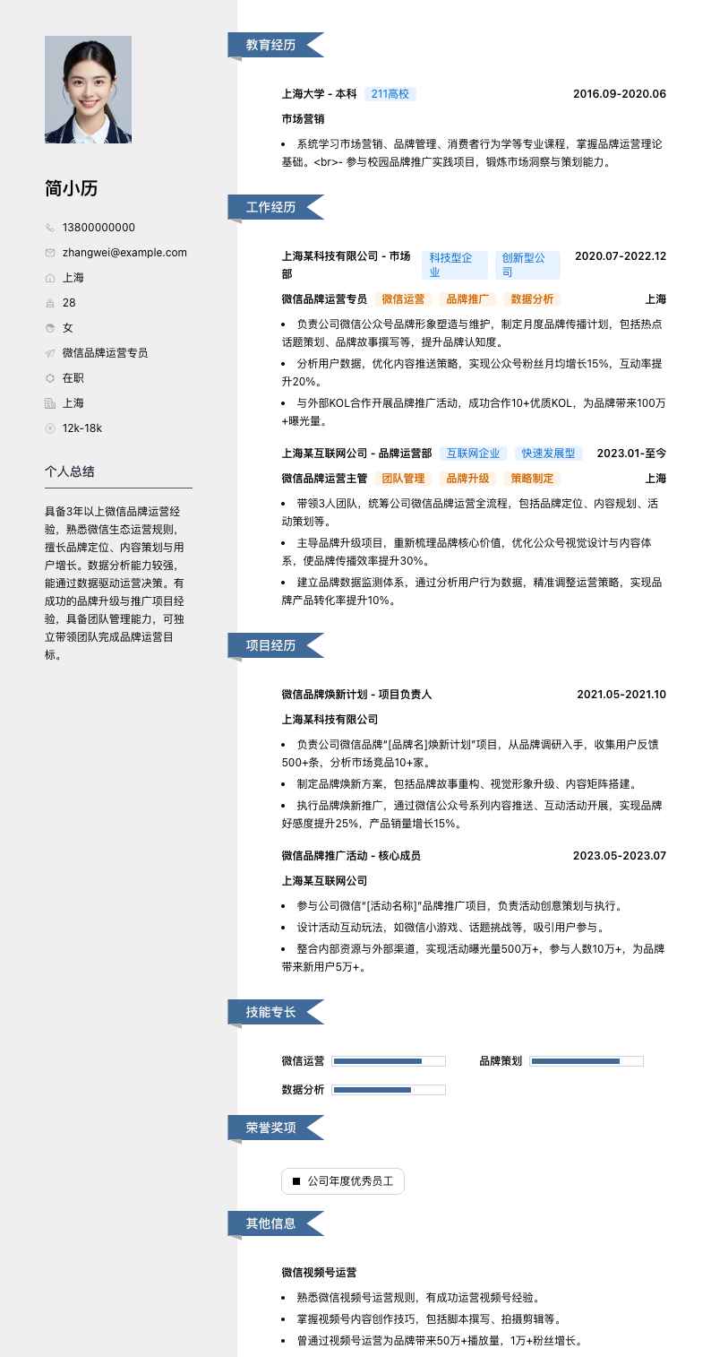 微信品牌运营专员简历模板