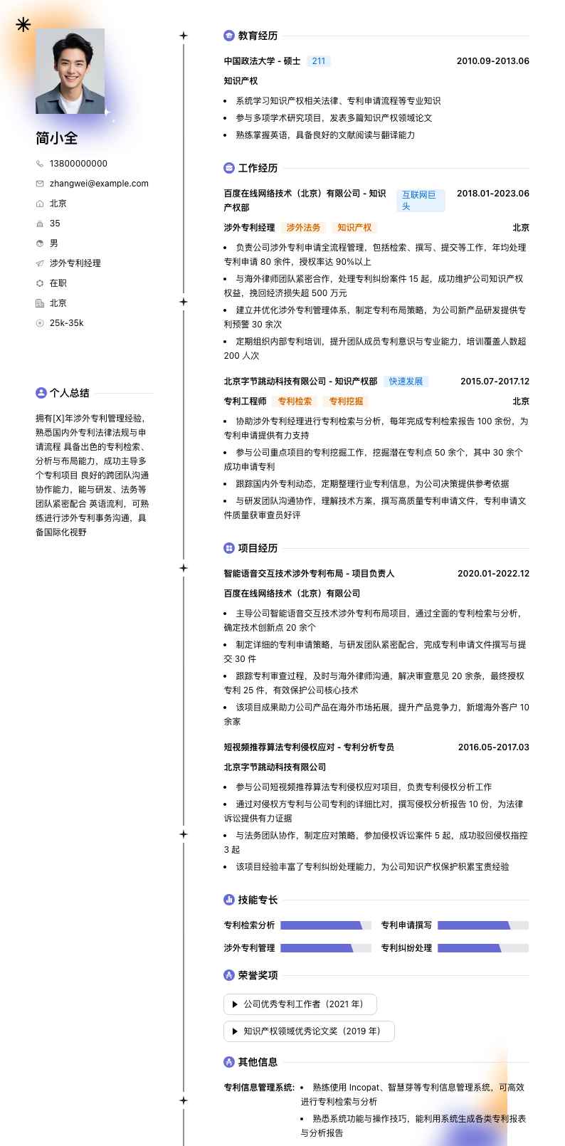 涉外专利经理简历模板