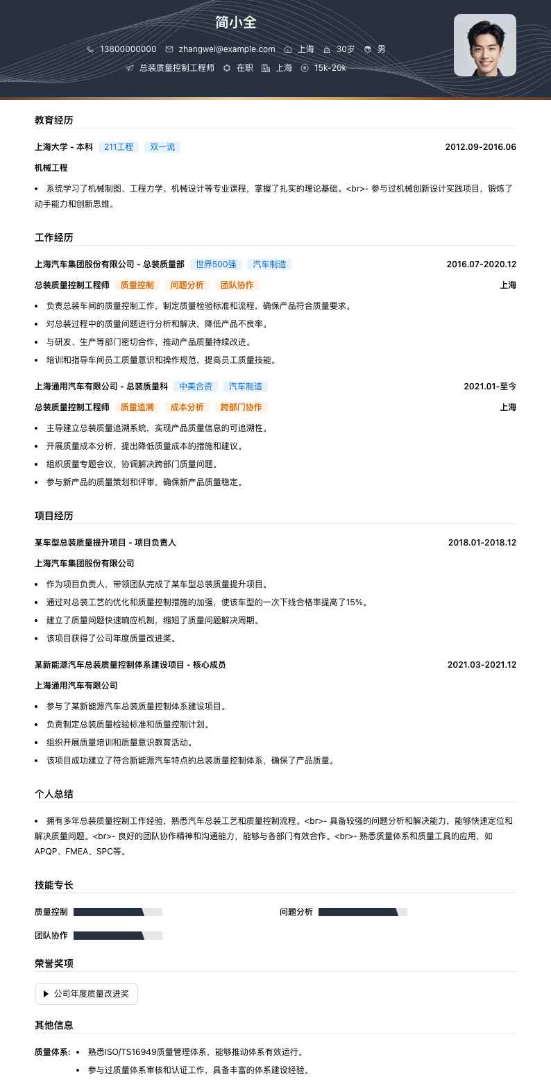 总装质量控制工程师简历模板