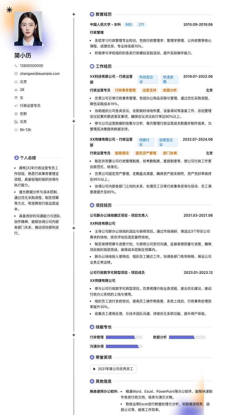 行政运营专员简历模板