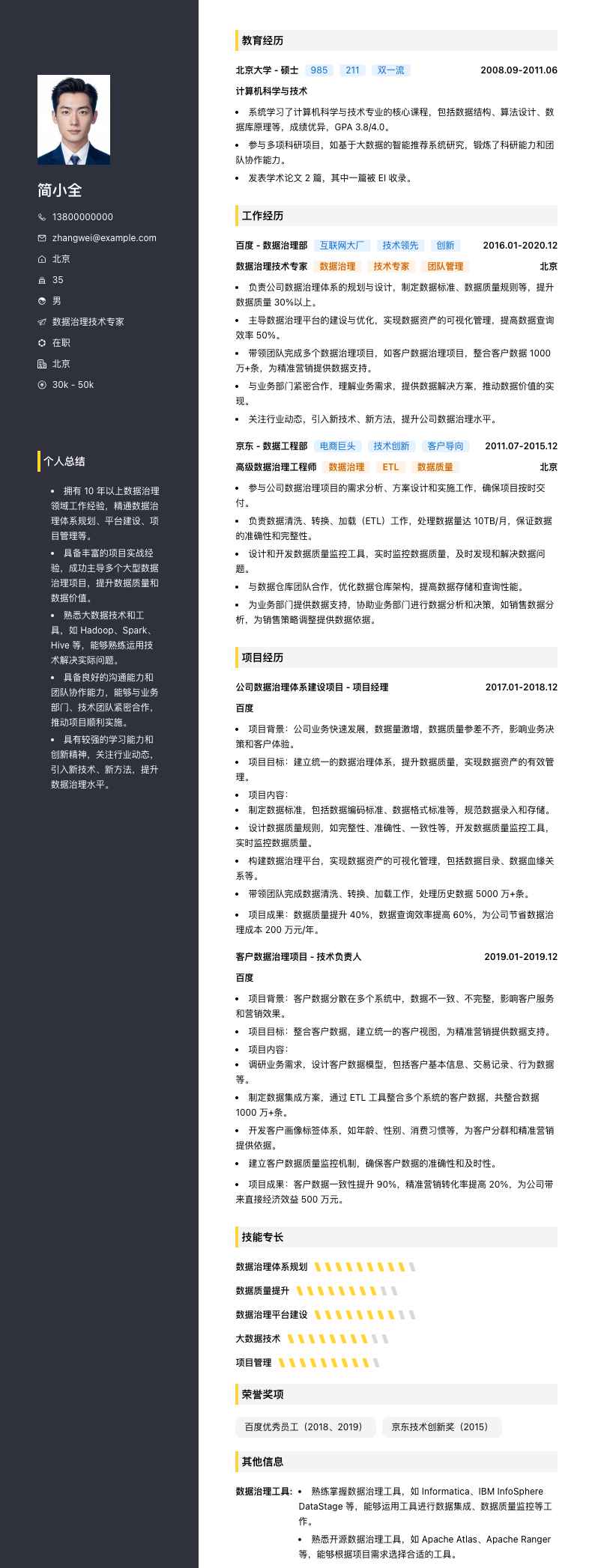 数据治理技术专家简历模板