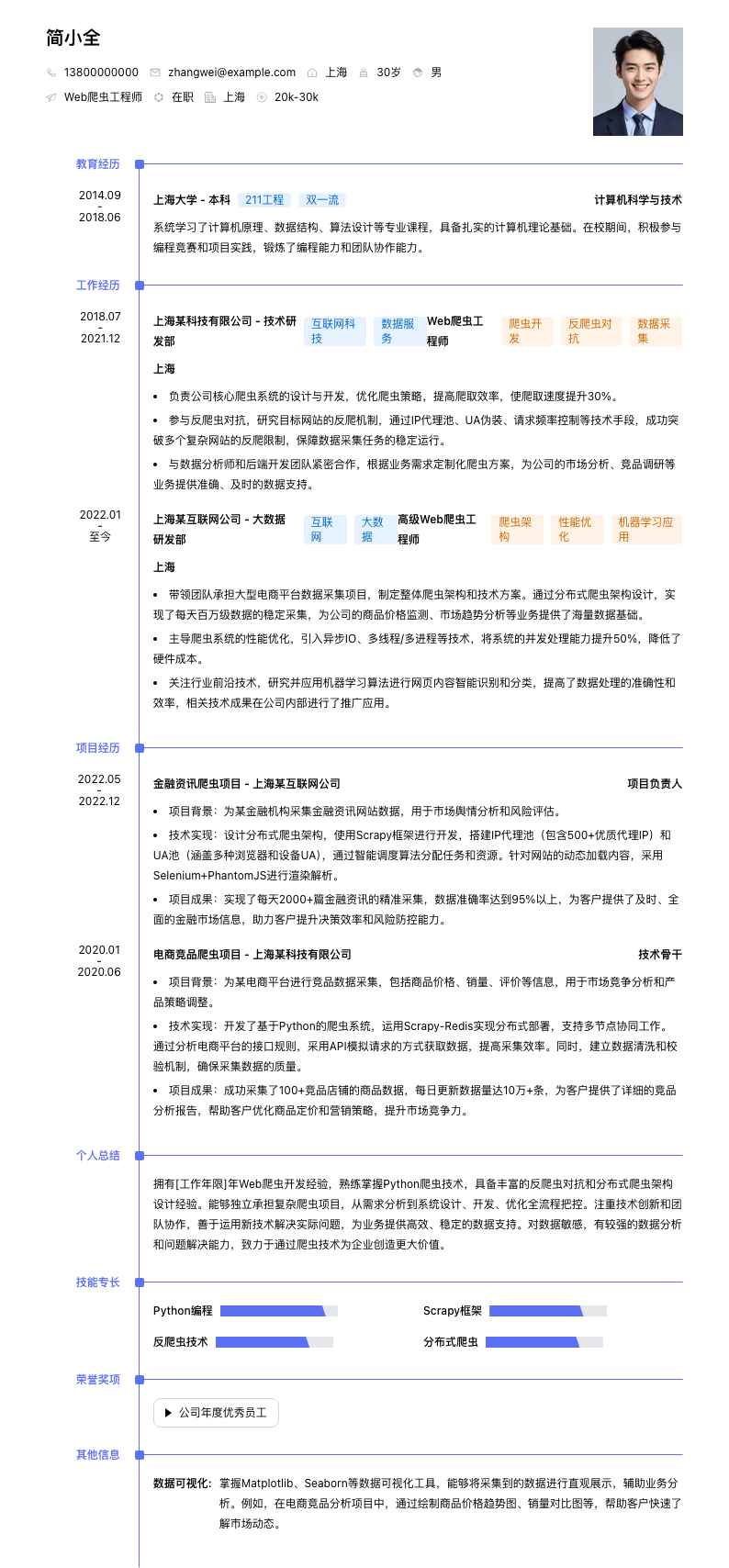 Web爬虫工程师简历模板