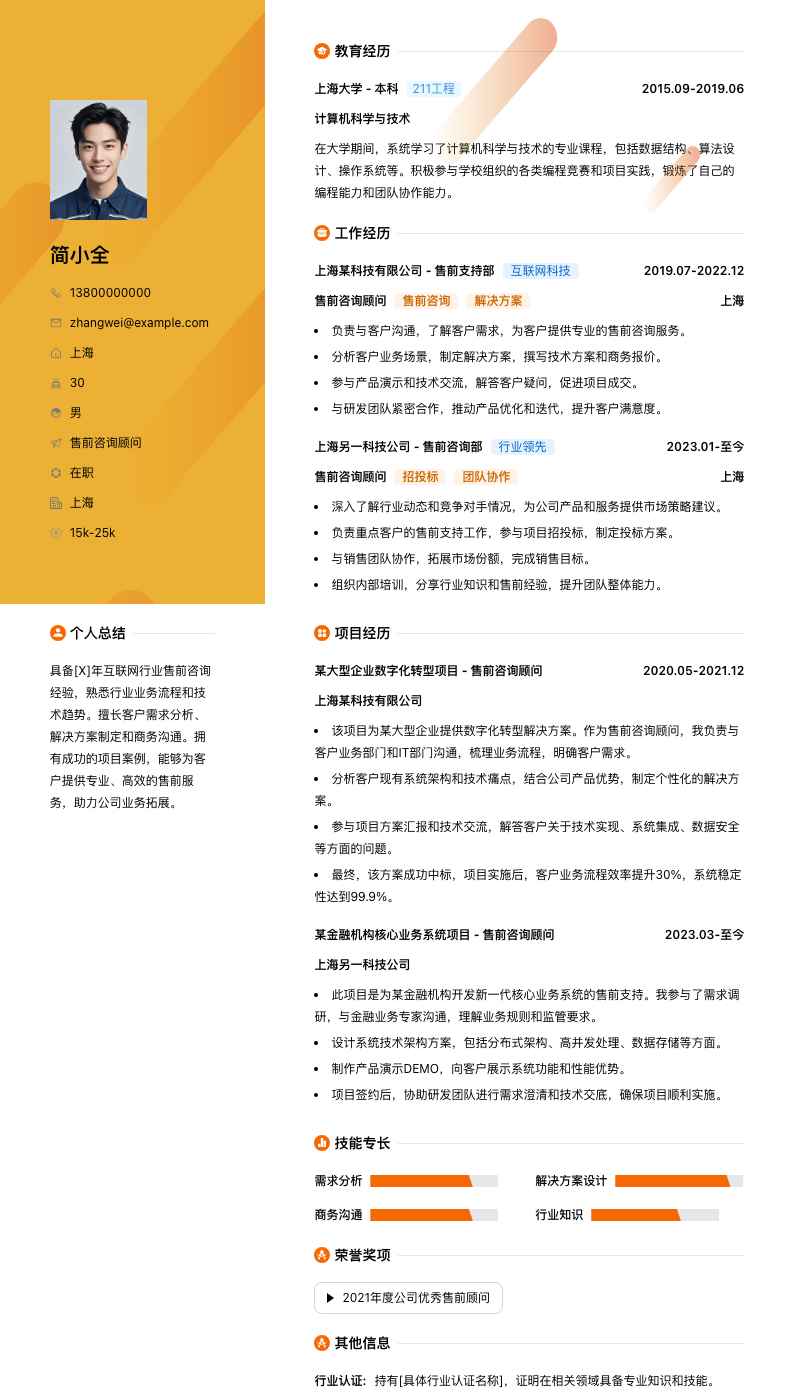 售前咨询顾问简历模板