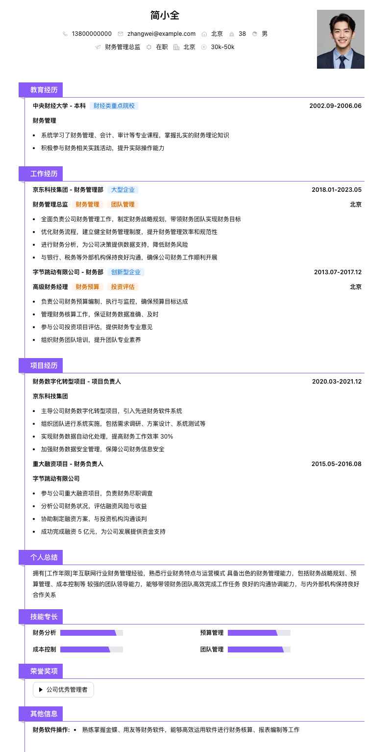 财务管理总监简历模板