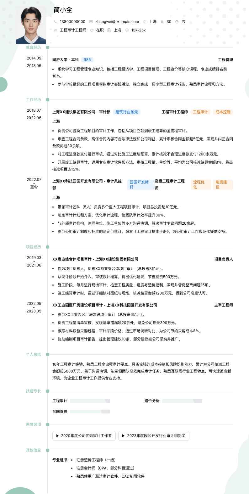 工程审计工程师简历模板