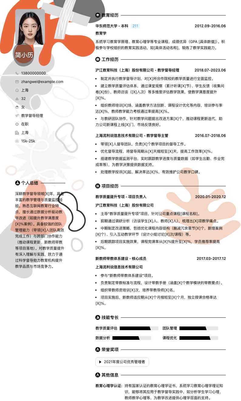 教学督导经理简历模板