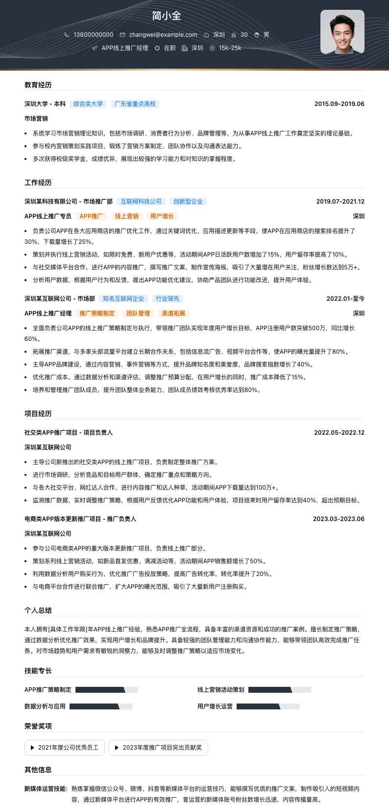 APP线上推广经理简历模板