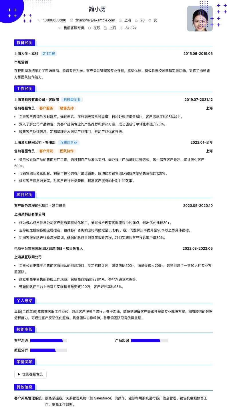 售前客服专员简历模板