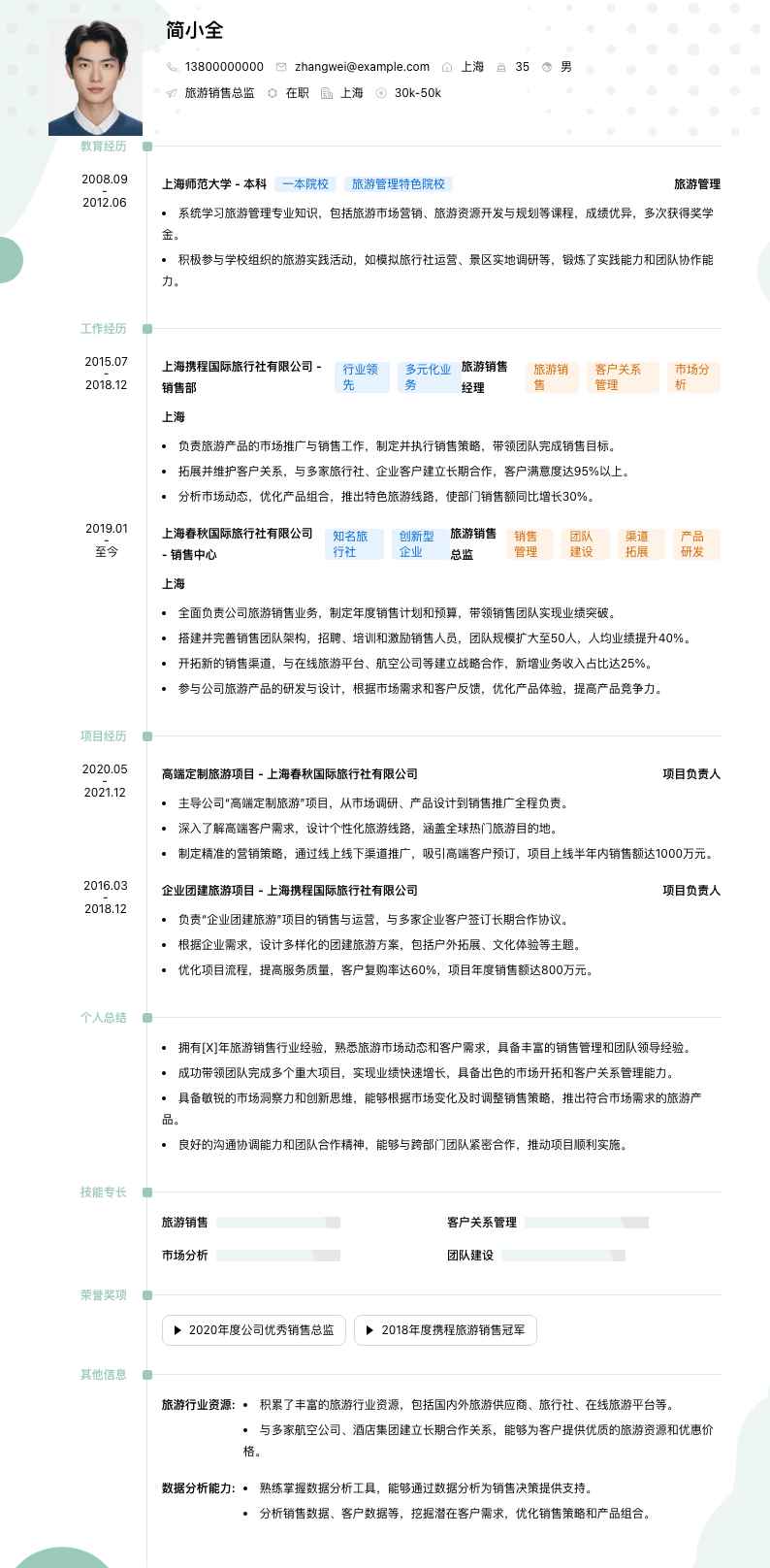 旅游销售总监简历模板