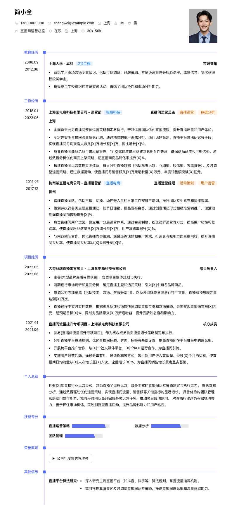 直播间运营总监简历模板