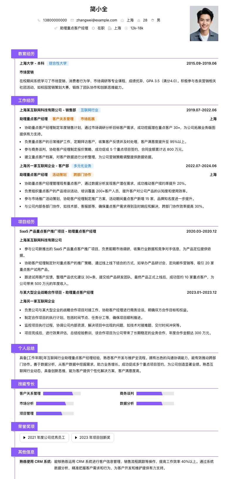 助理重点客户经理简历模板