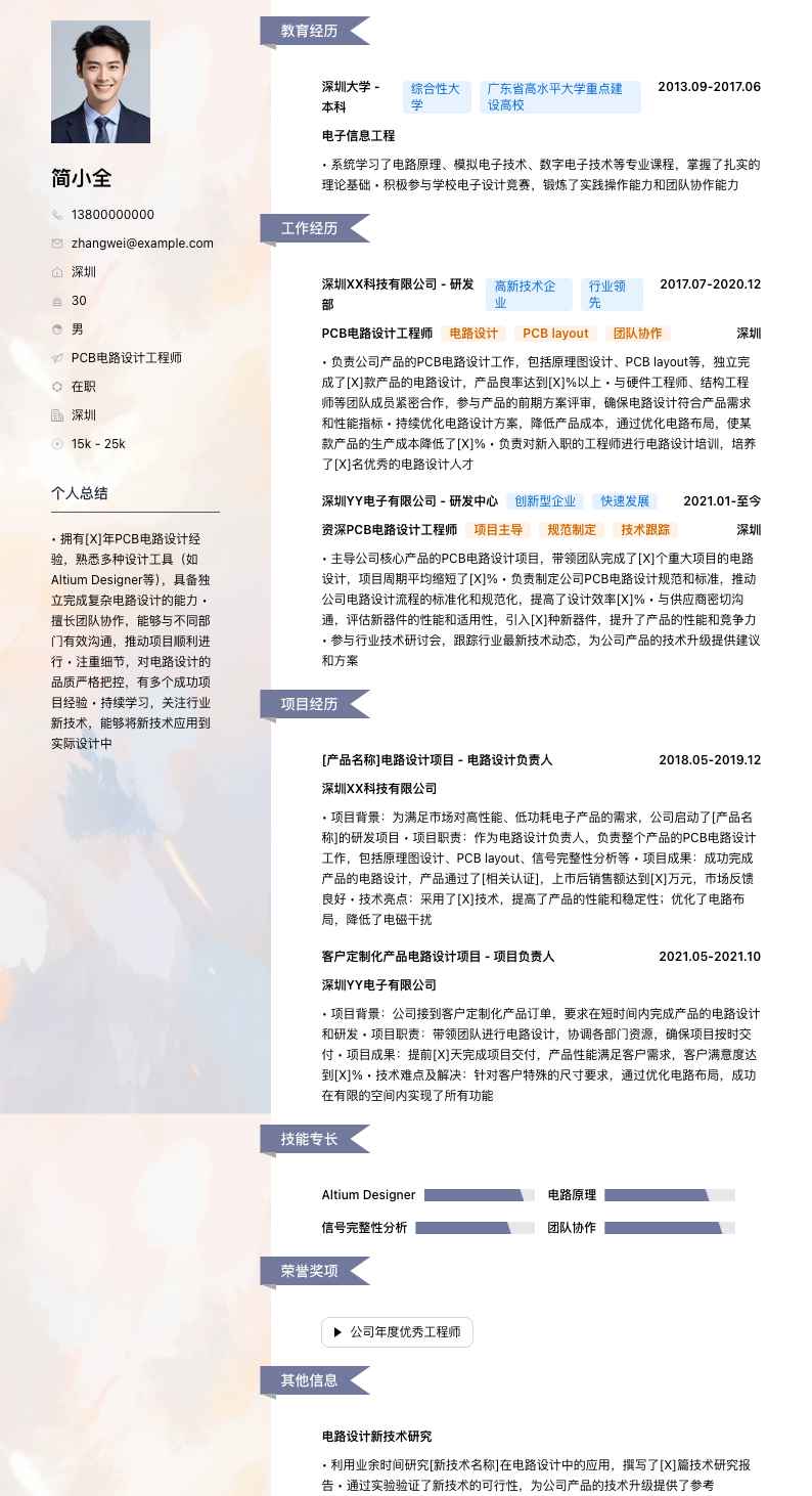 PCB电路设计工程师简历模板