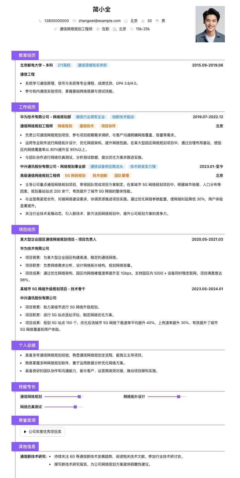 通信网络规划工程师简历模板