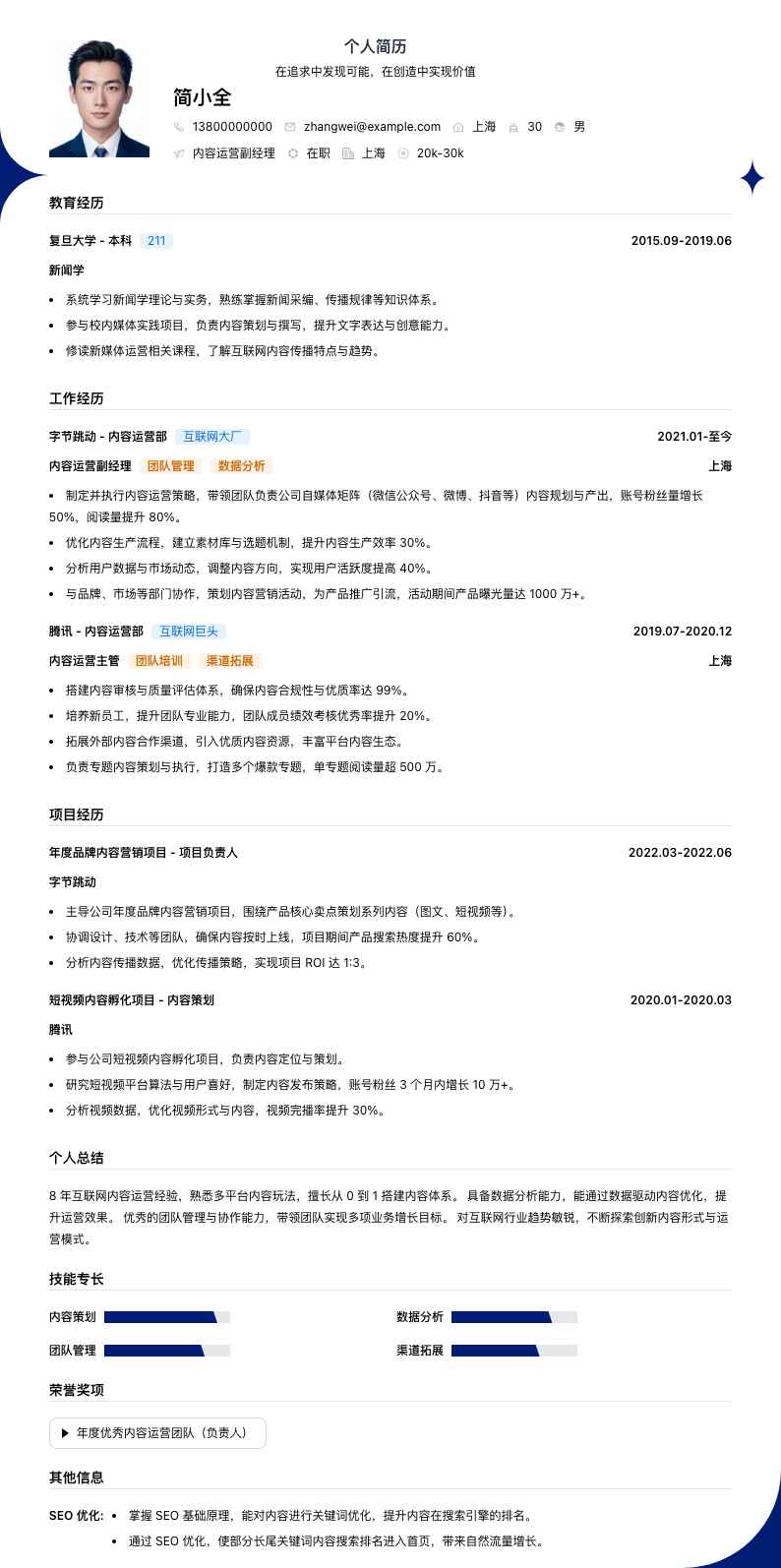 内容运营副经理简历模板