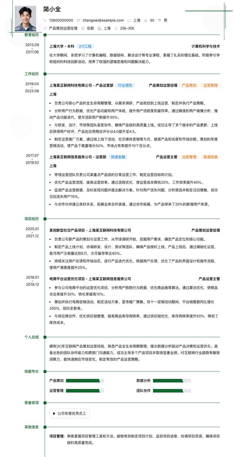 产品策划运营经理简历模板