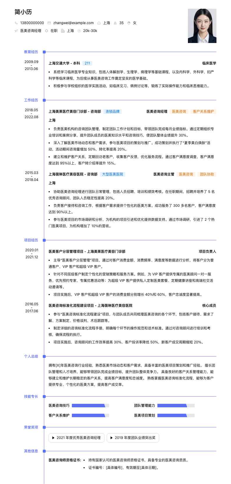 医美咨询经理简历模板