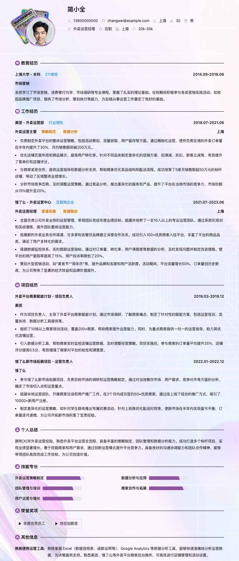 外卖运营经理简历模板