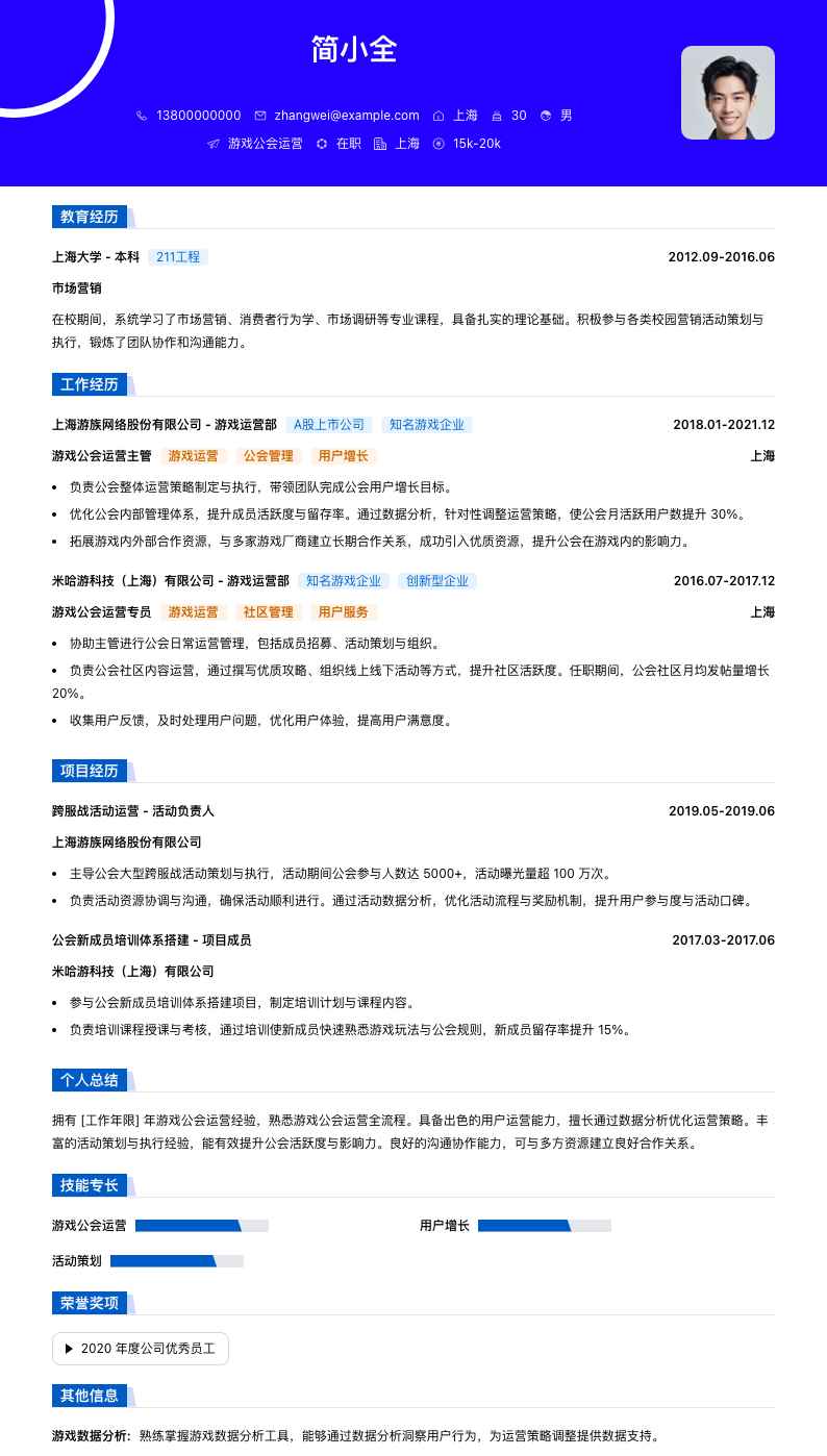 游戏公会运营简历模板