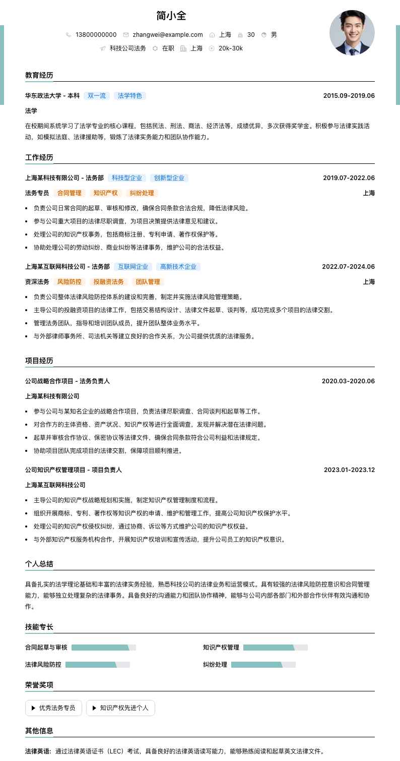 科技公司法务简历模板