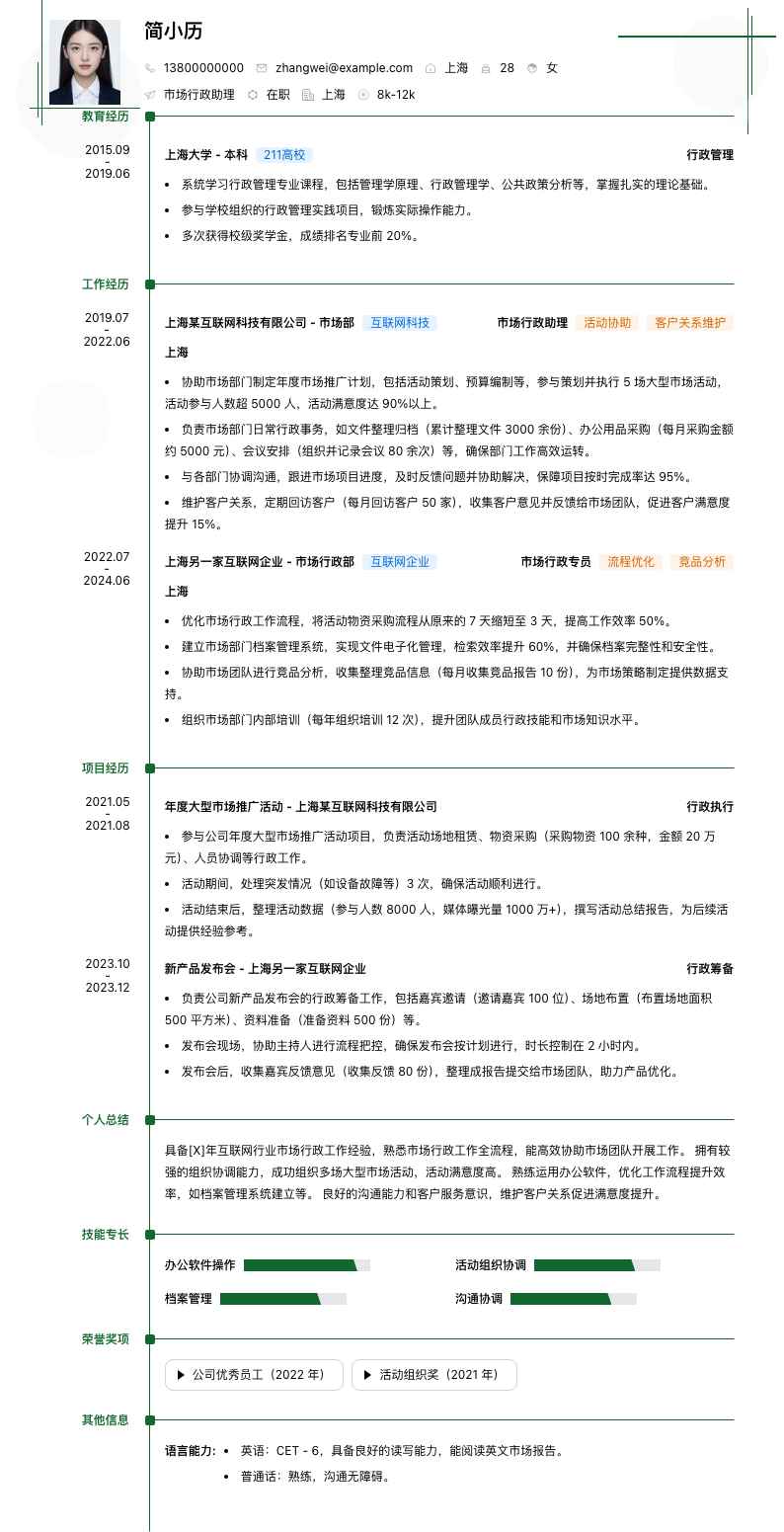市场行政助理简历模板