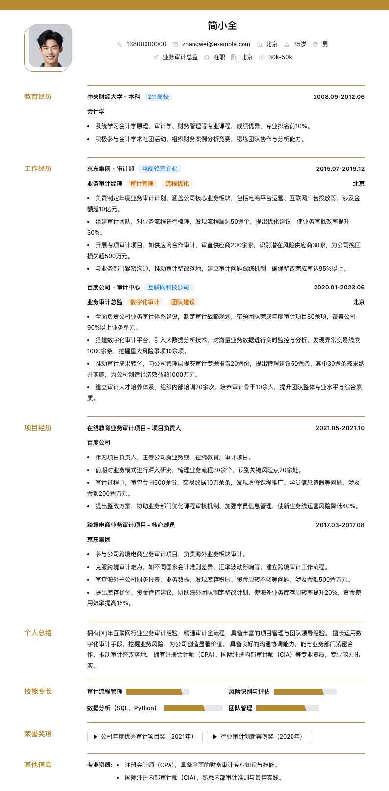 业务审计总监简历模板