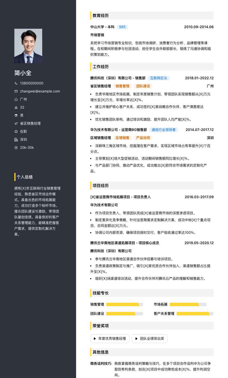 省区销售经理简历模板