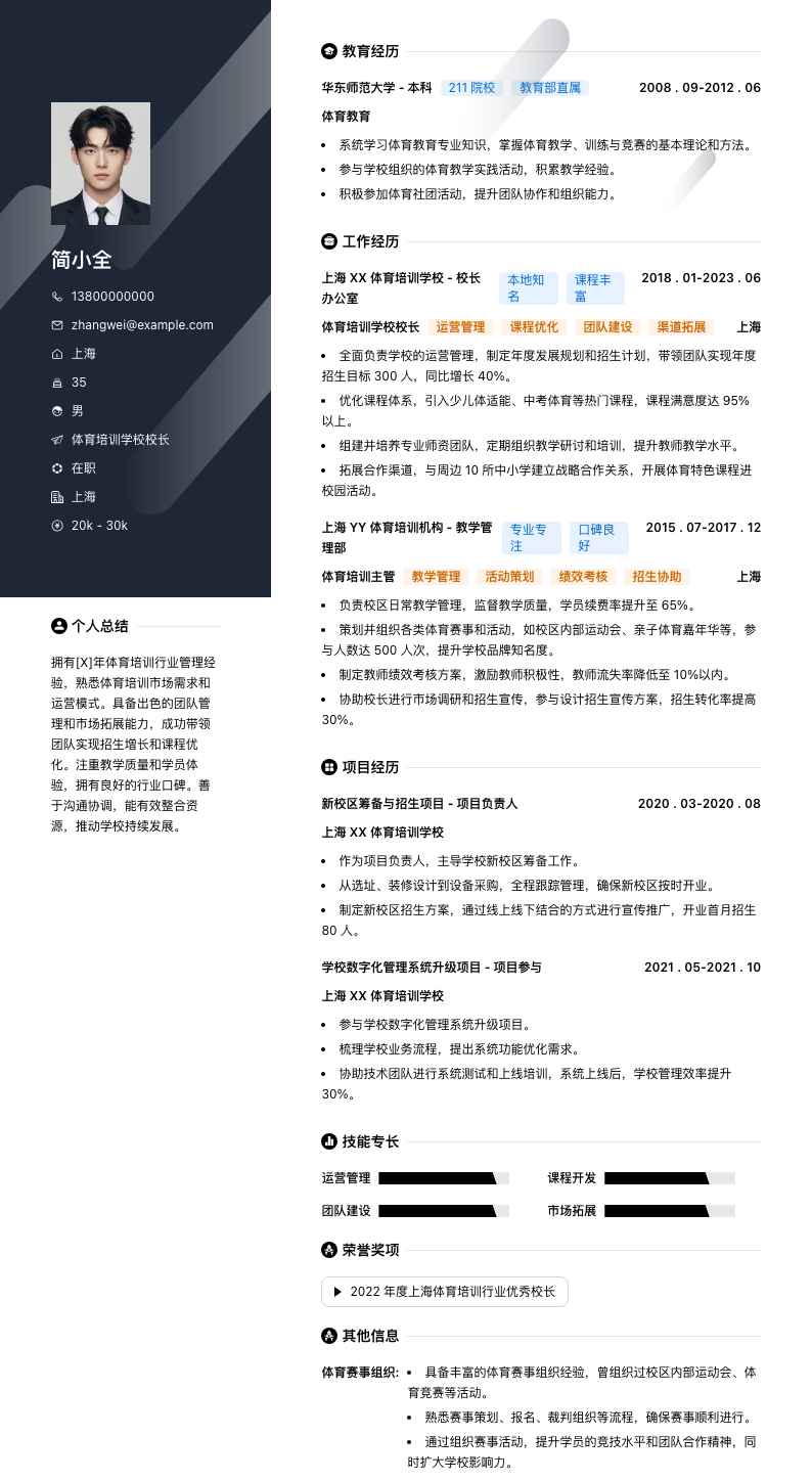体育培训学校校长简历模板