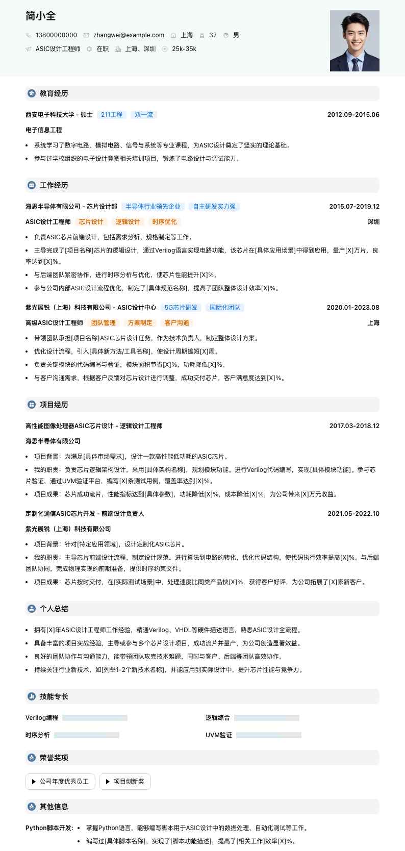 ASIC设计工程师简历模板